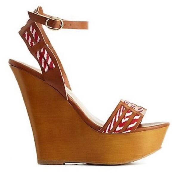 GUC Bamboo Brown with Red and White Ribbon Platform Wedge Sandals. Size 6.5 - Picture 1 of 13